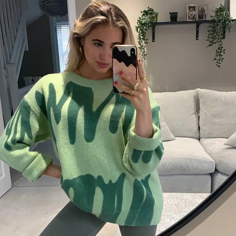 

2021 Vintage Tie Dye Printed Jumper Outfit Drop Shoulder Winter Knitted Sweater Tops Women Loose Y2K Pullover Sweaters