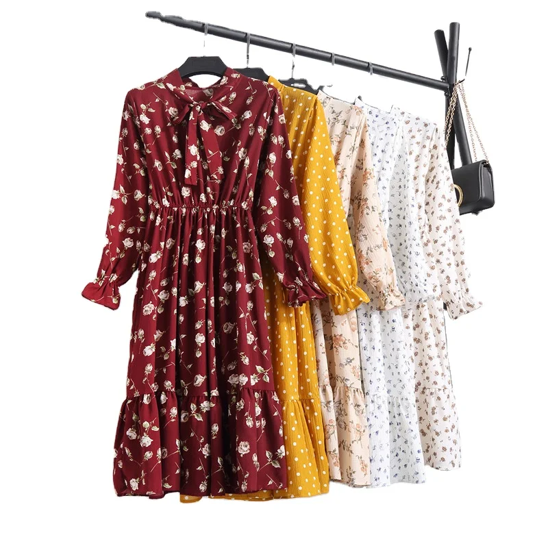 

Vintage Style Ladies Summer Chiffon Dress Casual Tie Neck Long Sleeve Women Floral Dresses, Multicolor