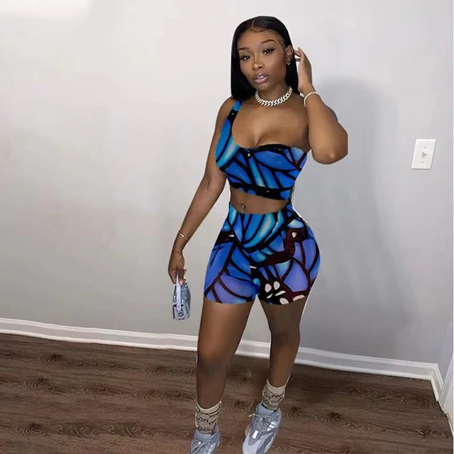 

Trendy Women 2 Piece Outfits Casual Animal Printed Two Piece Pant Sets Crop Top And Short Set -ZR, Dark blue