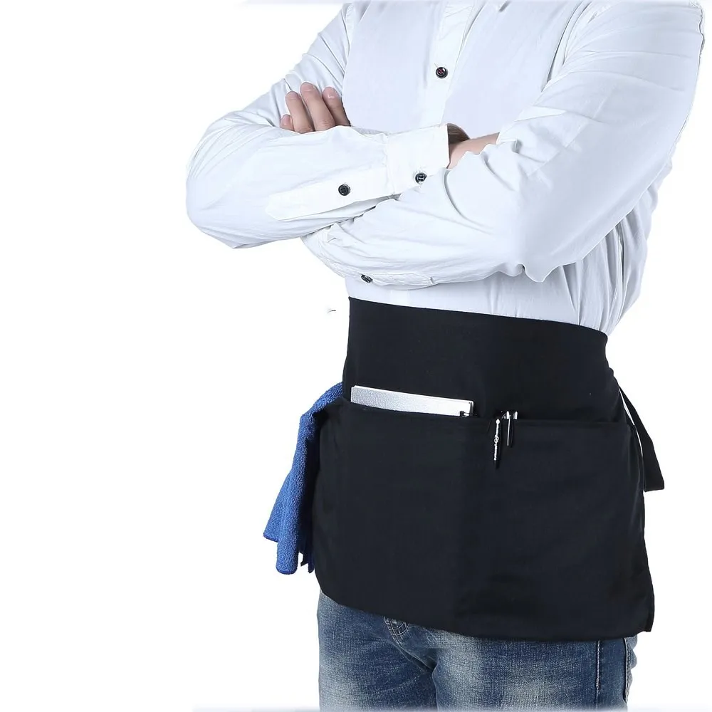 

Black Cotton Cooking Waist Apron For Adult Half Apron With Pockets, Customized