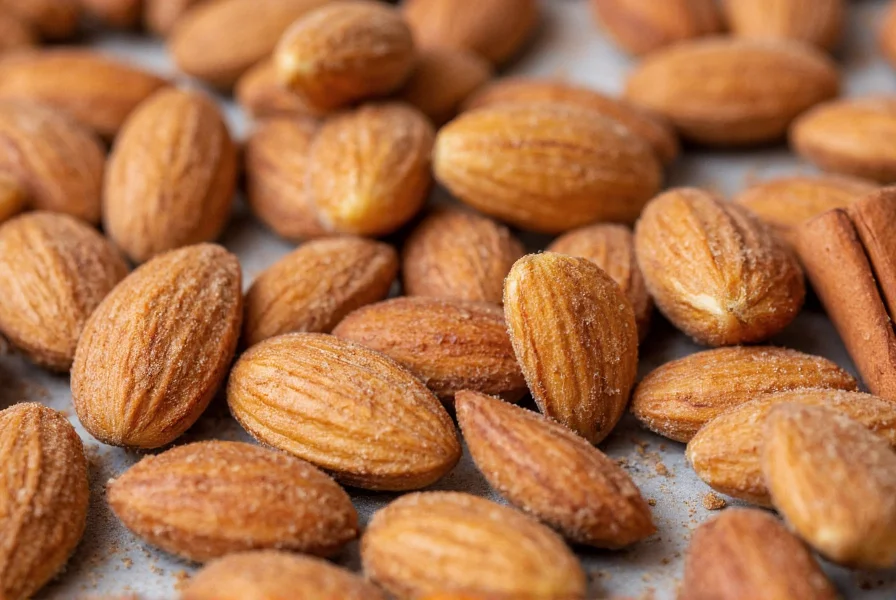 Close-up of golden brown cinnamon sugar almonds cooling on baking sheet with cinnamon sticks and sugar crystals