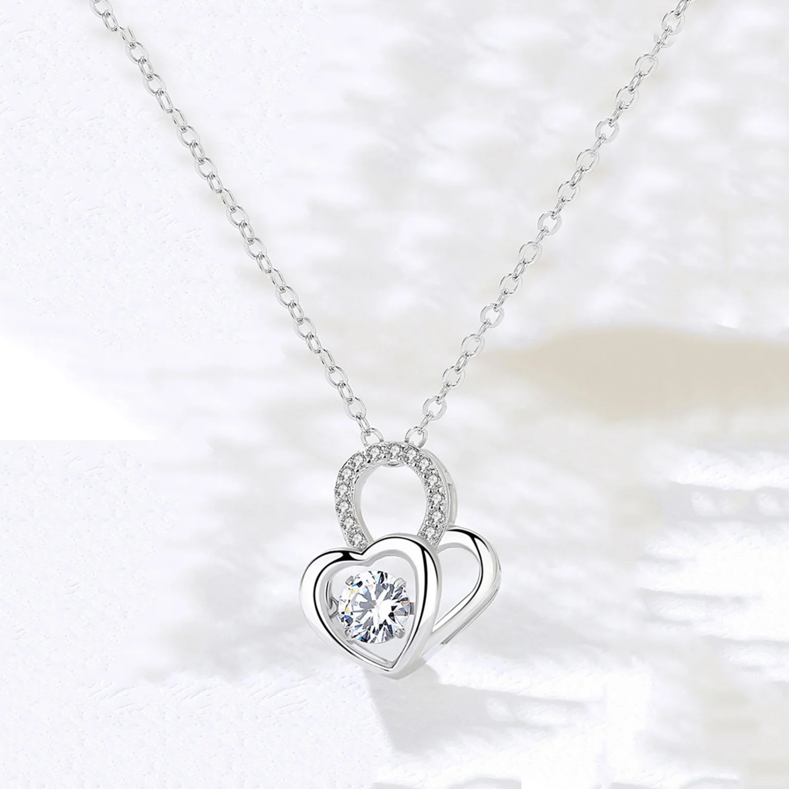 

High Quality 925 Sterling Silver Zircon Movable Double Heart Necklace For Women Gift