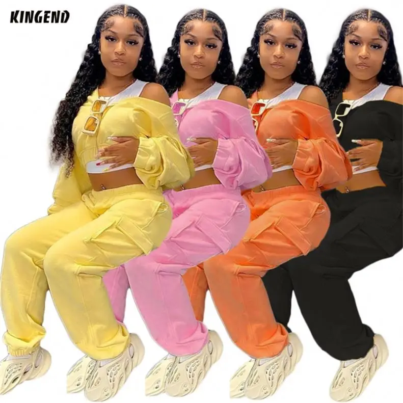

2021 Casual Female Long Sleeve Outfits Hoodies Zipper Cargo Pants Fall Women 2 Piece Sets, Picture shown