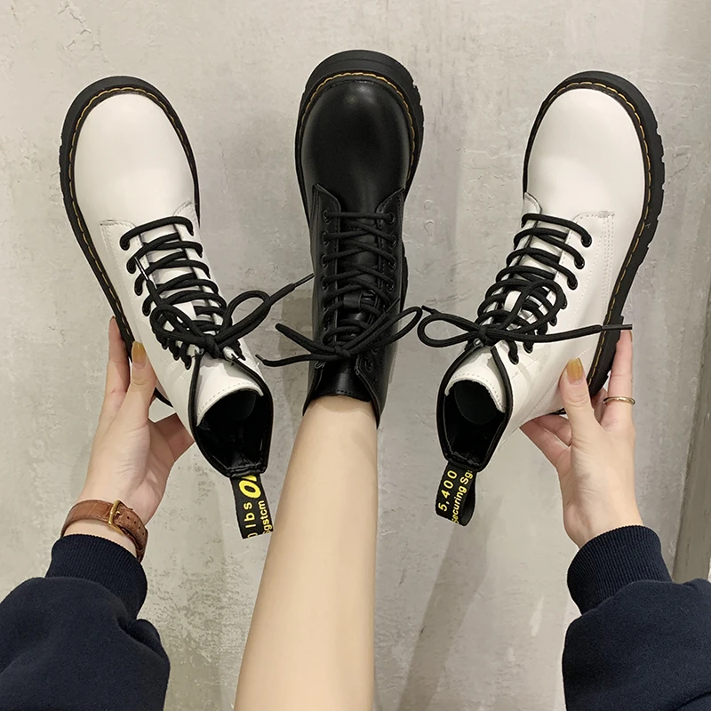 

Hot selling cheap price Fashion Chunky Heel Lace-up womens martin's ankle boots, Black/white