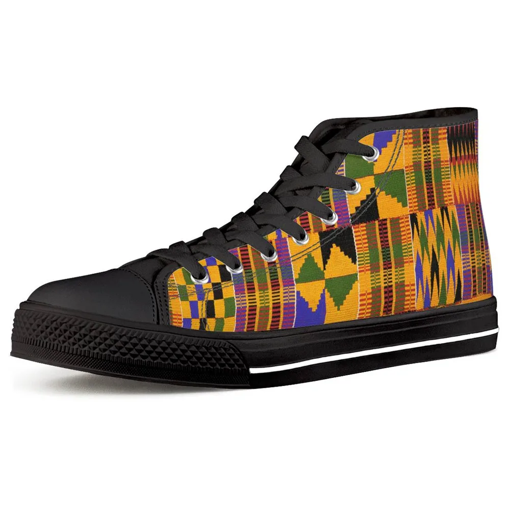 

Dashiki Tribe African Floral Pattern Women High Top Canvas Shoes Black Lace-up Flats Couple Fashion Vulcanize Shoes, Customized color, design and sell your own custom shoes online