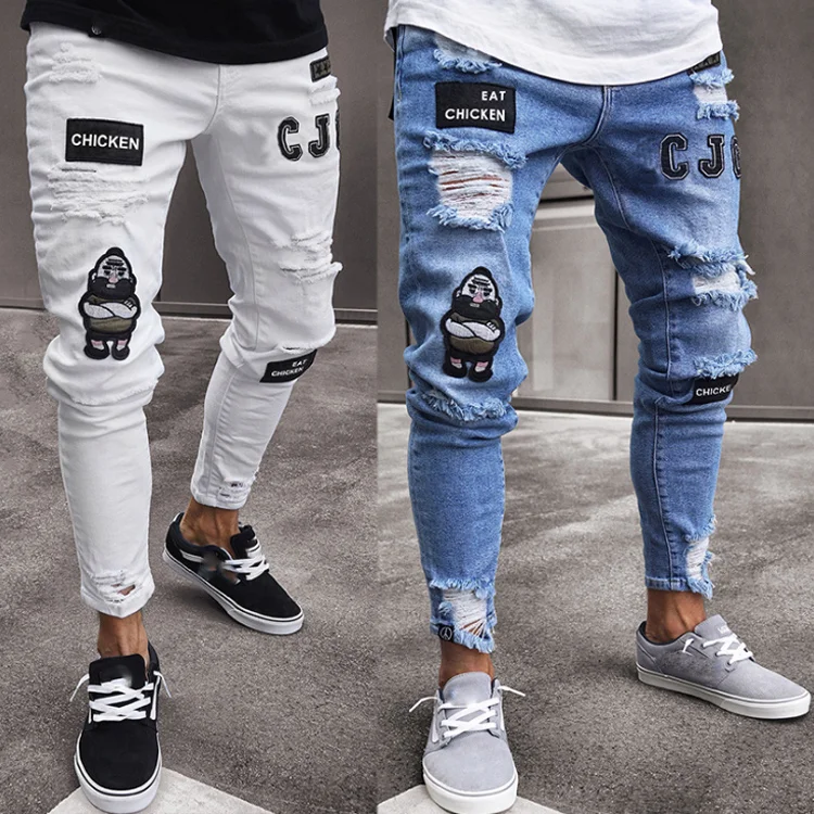 

New Italy Style Men's Distressed Destroyed Badge Pants Art Patches Skinny Biker White Jeans Slim Trousers men denim jeans