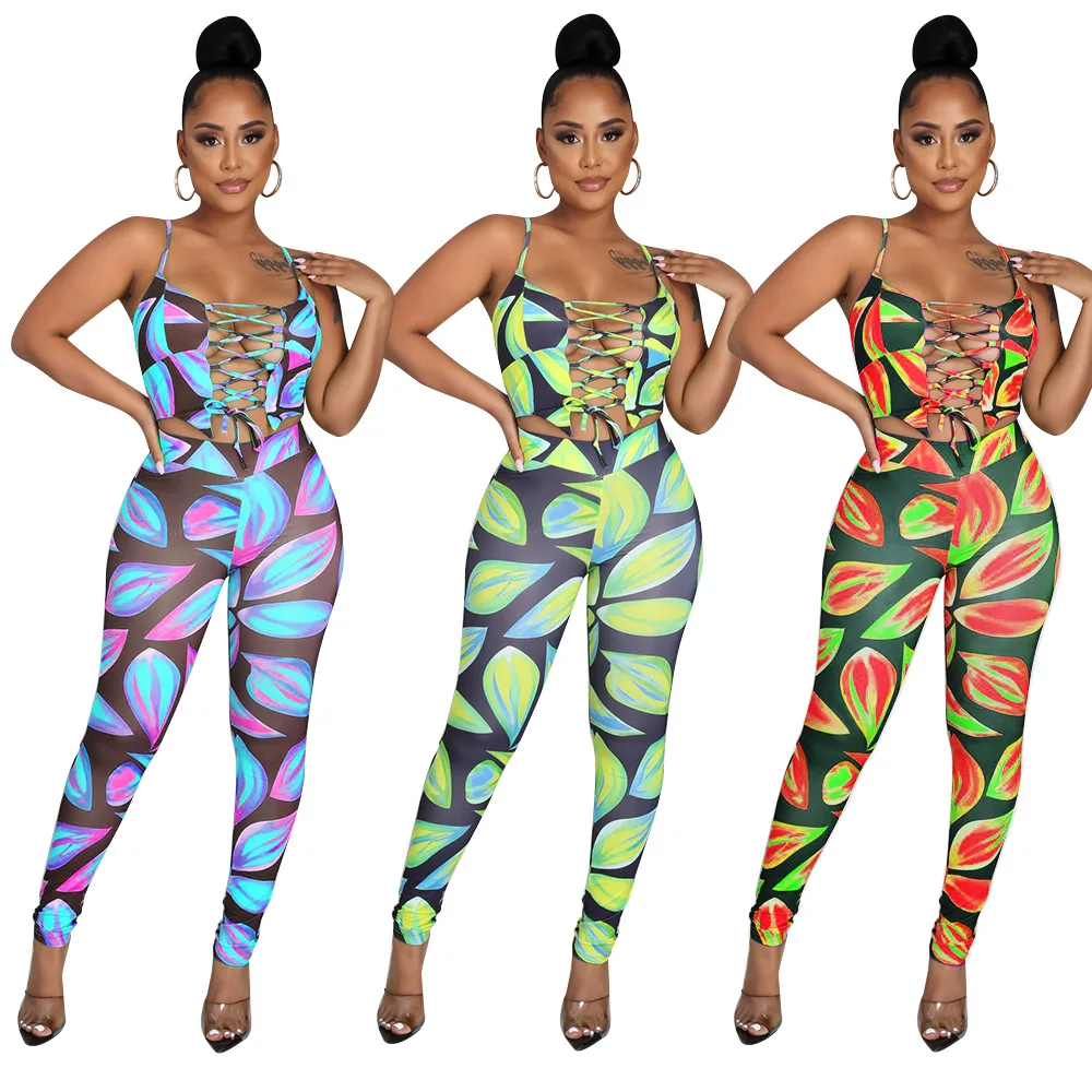 

New Arrival Colorful Printed Lady Outfit Hollow Out Bandage Condole Belt Crop Top Women Sets 2 Piece Pants Set, 3 colors