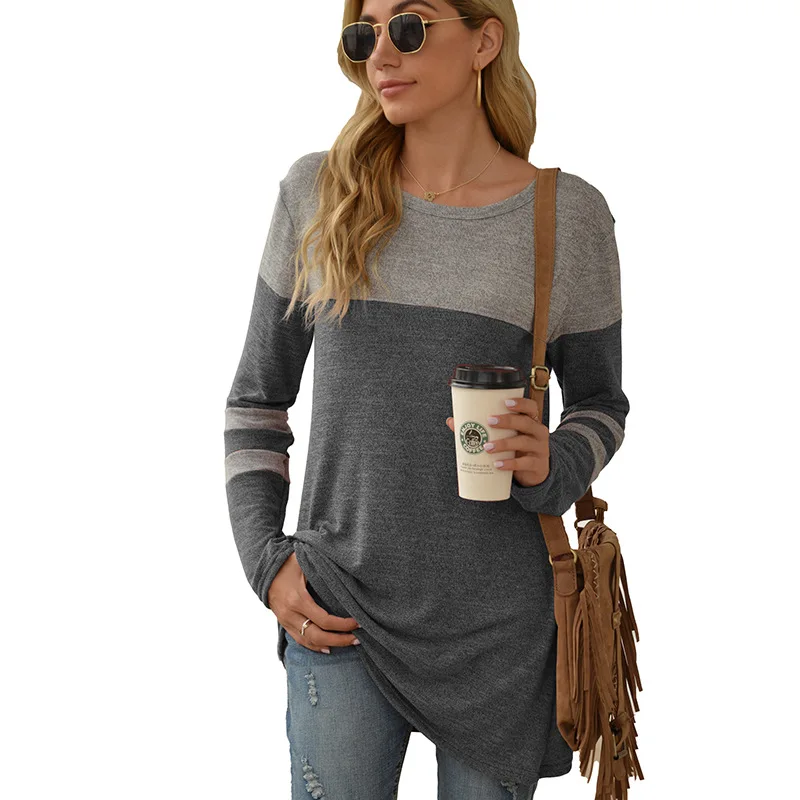 

loose T-shirts Women Jumpers ladies long Sleeve casual Tops wear Woman Pullover O-neck female dresses patchwork Tee shirt, As your requirement
