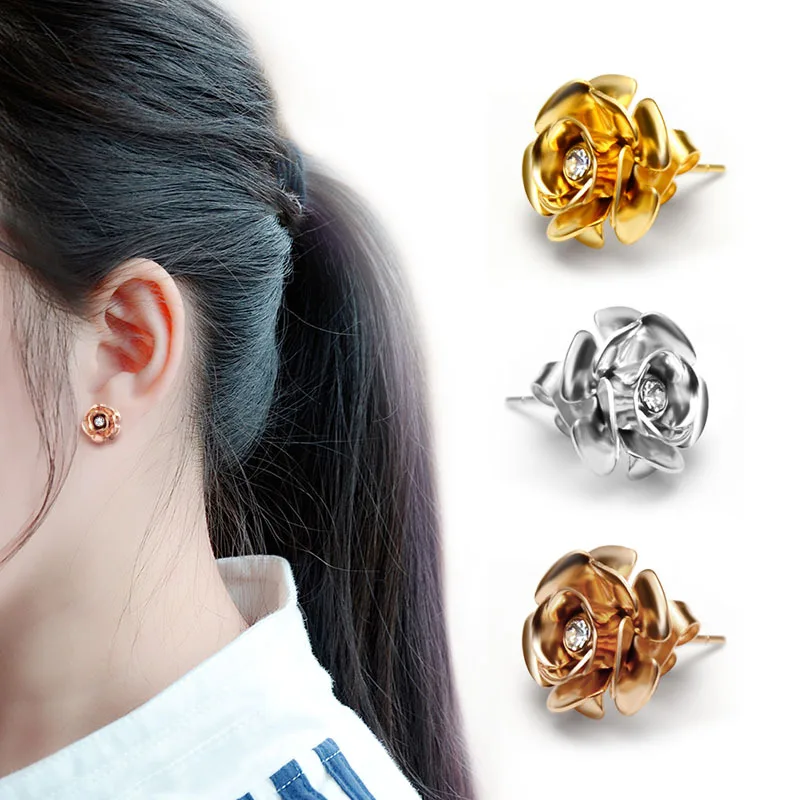 

Fashion 316L stainless steel jewelry dainty crystal flower stud earrings hypoallergenic rose earrings for women and girls party