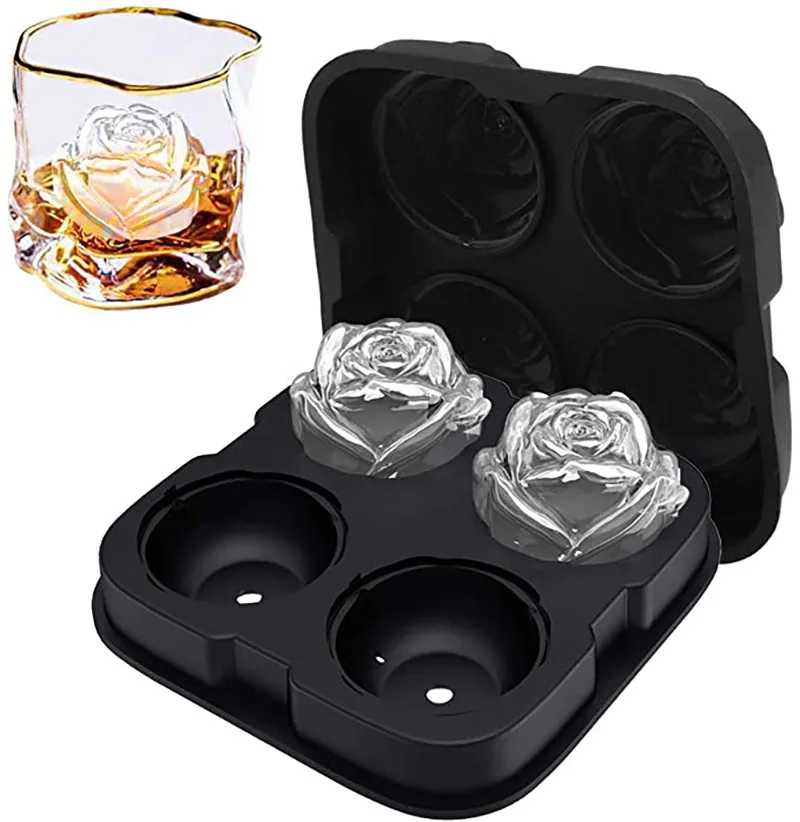 

4 Cavity Silicone 3D Rose Whiskey Large Ice Cube Tray Mold, Black