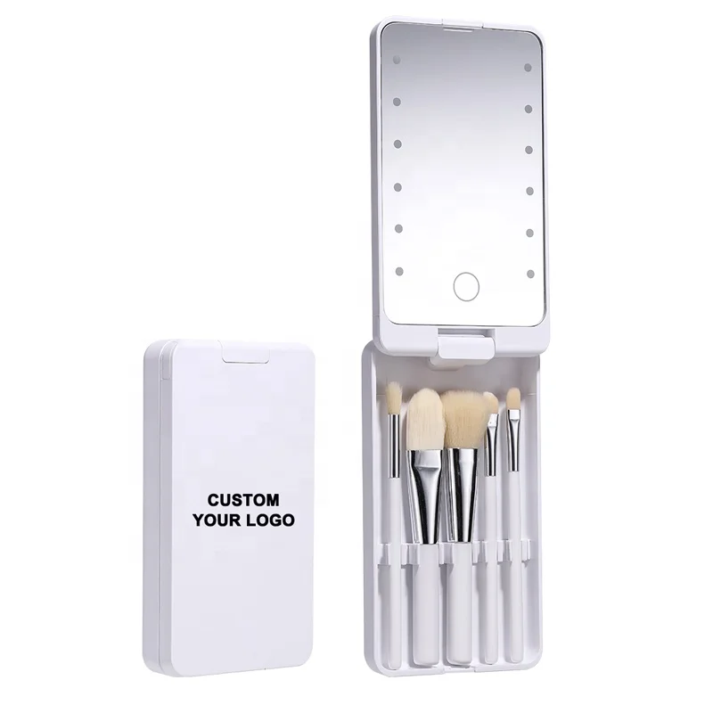 

Fashion Small Travel Makeup Brushes Set Mirror Case Custom Logo 5pcs Makeup Brush With Led Mirror Case Private Logo, Picture or customized color