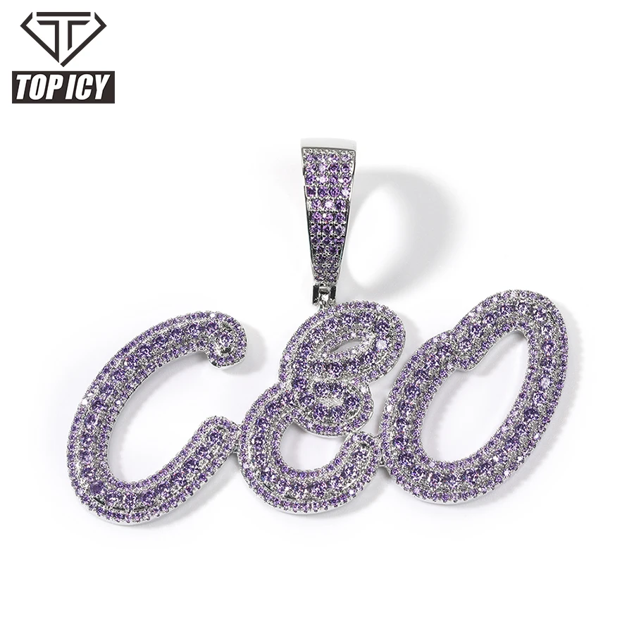 

Micro Paved CZ Personalized Hiphop necklace Purple Custom Brush Cursive Letter Two Tone Pendant Name Necklace Baguettes Chain, Silver/ gold/ rose gold