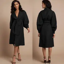 YHWT2222 Fashion Black Linen Puff Long Sleeve Clot