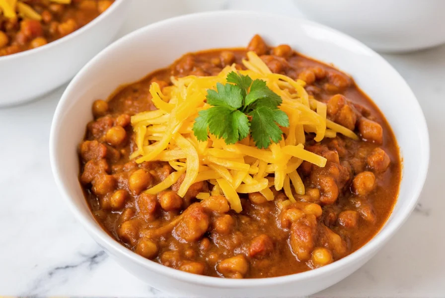 Vegetarian chili mac in a white bowl topped with fresh cilantro and shredded cheese