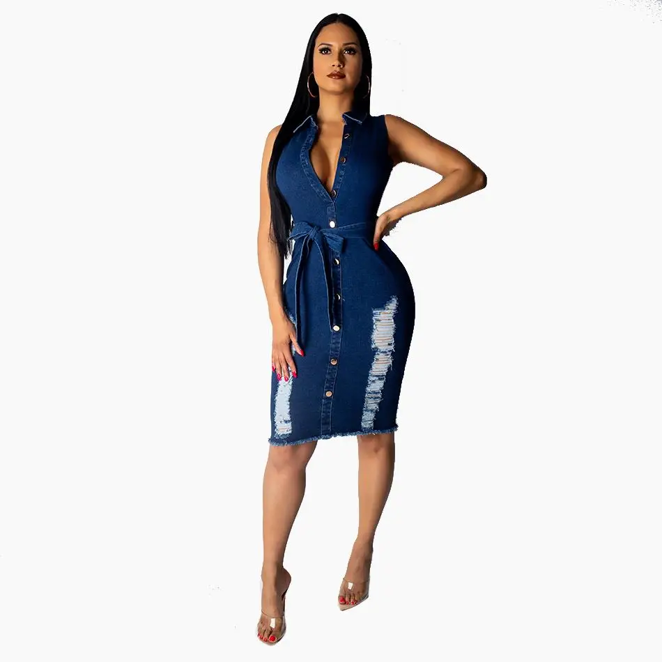 

2020 fashion denim V-neck high-elastic patchwork washed turn down collars single-breasted denim dress for ladies FM-98025-1, As pictures