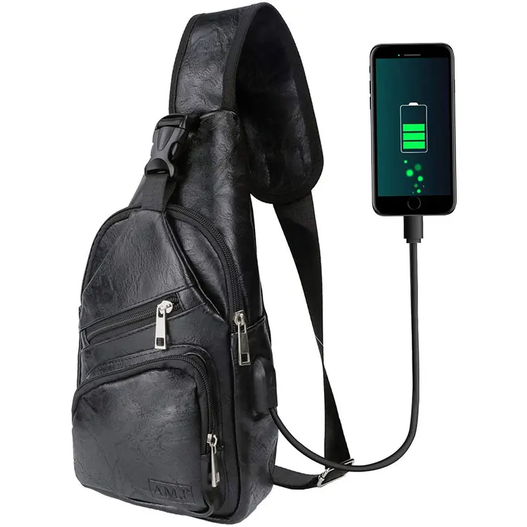 

Current Rechargeable Brown black Shoulder Chest Bag Men Cute PU Chest Bag