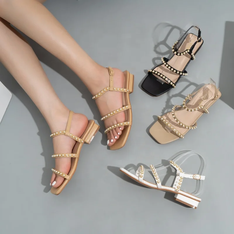 

In Stock Wholesale Low Heel Ladies Sandals Fashion Design Casual Women Flat Sandals with Pearls, Black,white,beige,green