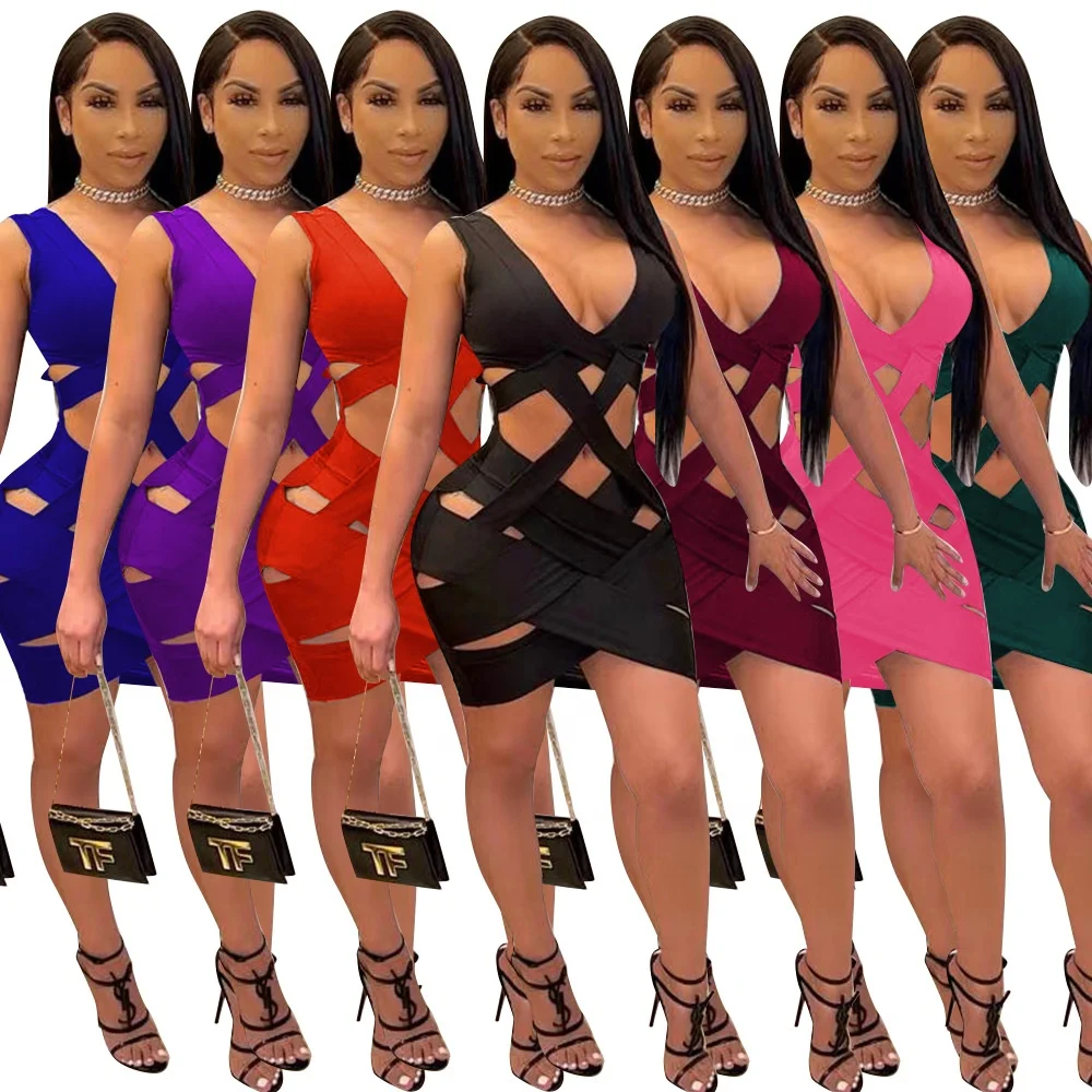 

MT190-9041 new 2021 summer bandage women v neck hollow out sexy dress sleeveless solid color club wear ladies short dresses
