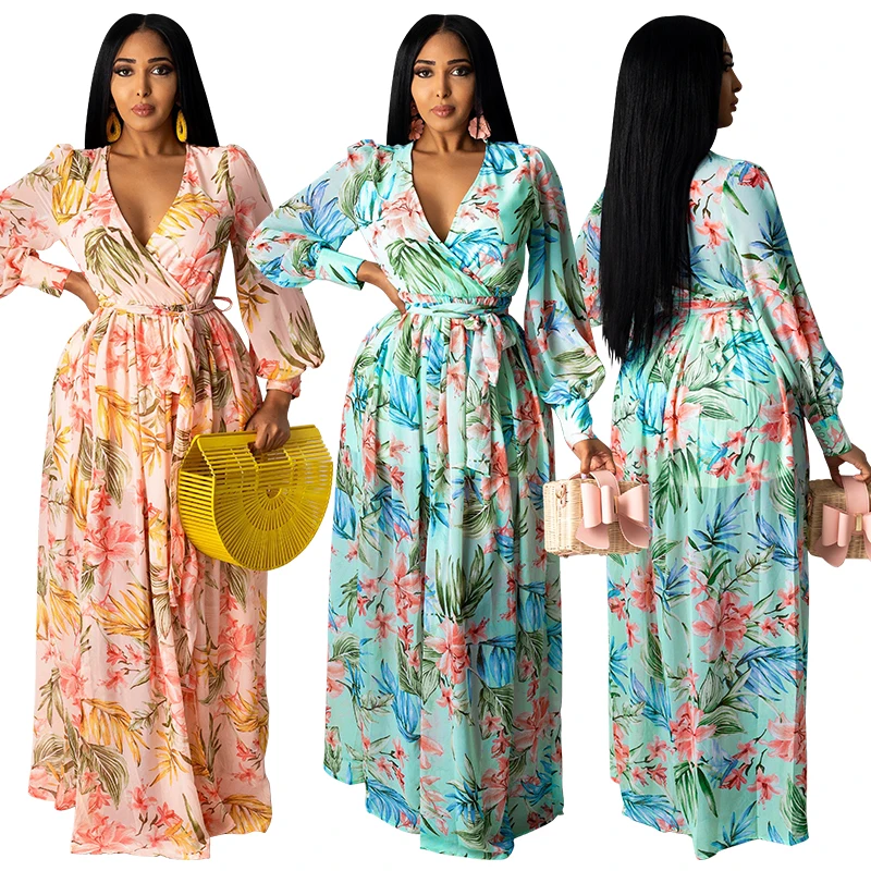 

Spring Autumn Women Dress Female Fashion Long Sleeve Floral Print Long Maxi Dress Ladies Casual Ankle-Length