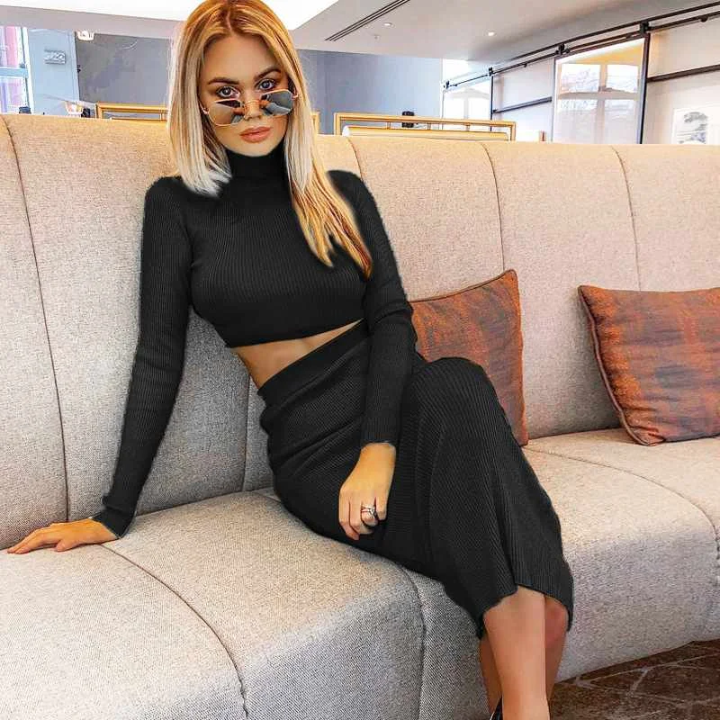 

Women Solid Color Two Piece Set Long Sleeve Crop Tops High Waist Long Skirt Autumn Winter Fashion Casual 2pcs Ladies Suit, Picture color