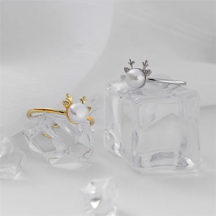 

925 Silver Cute Elk Pearl Ins Opening Adjustment Ring Ring Christmas Creative Jewelry Women Rings, Picture shows