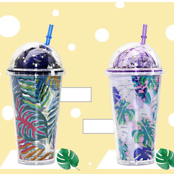 

2021 new style reusable cold drinking plastic mug with dome lid leaf transparent water tumbler cup, Yellow,purple,blue,red