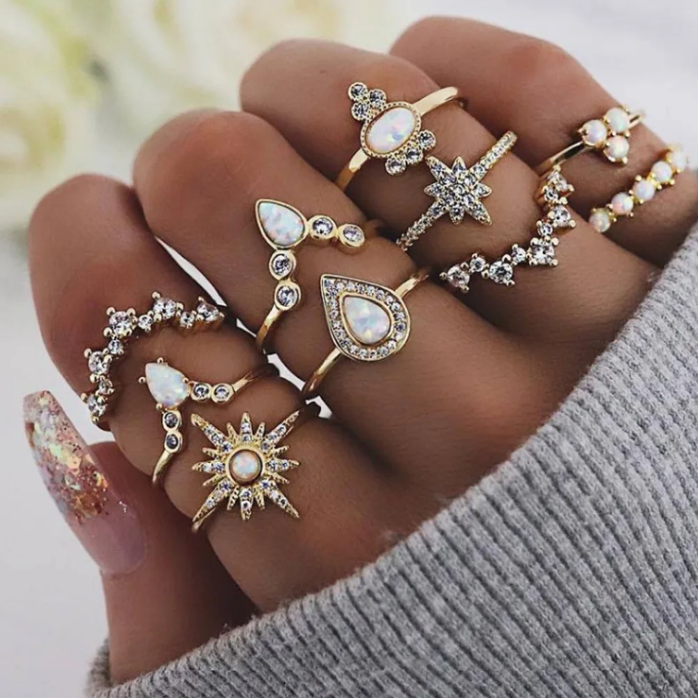 

10 Pcs/Set Bohemian Retro Vintage Crown Water Drops Stars Geometric Crystal Ring Jewelry Set, Picture shows
