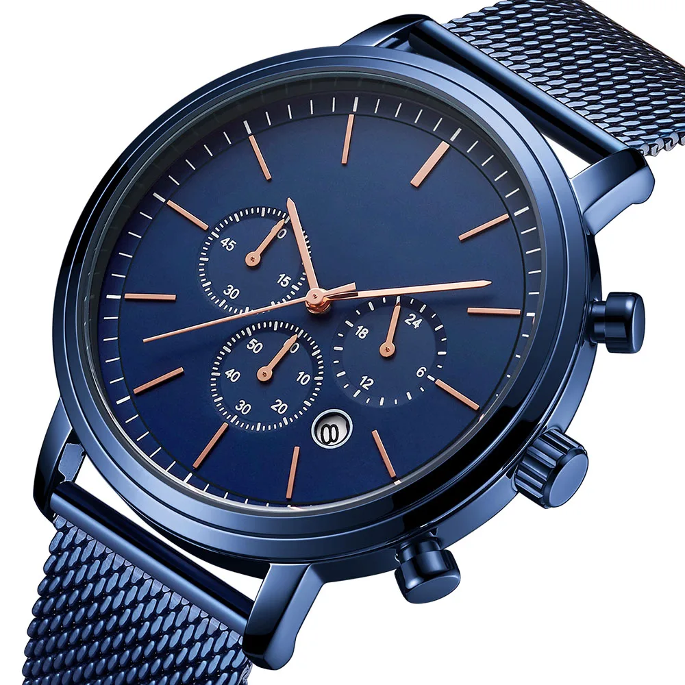 

Brand Watch Leisure Mens Wristwatches Multi-function Movement Calendar Waterproof Mesh Band Watches for Man Custom Logo, 4 colors