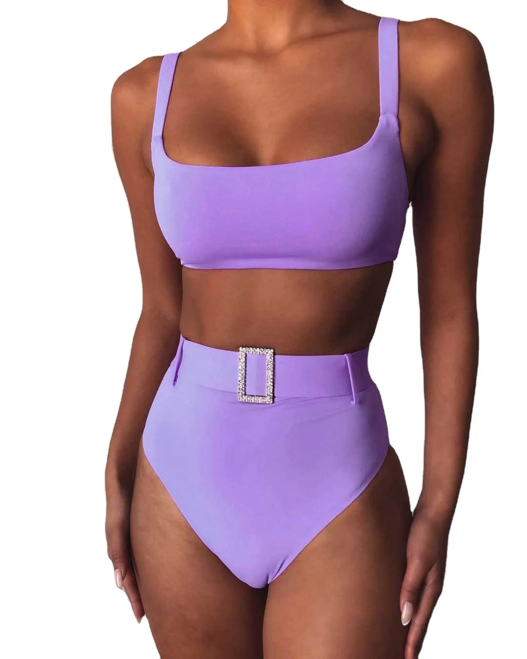 

Trendy Ornaments Sling Bathing Suits Two Pieces Round Neck High Waist Solid Swimming Costume Women Swim Suit