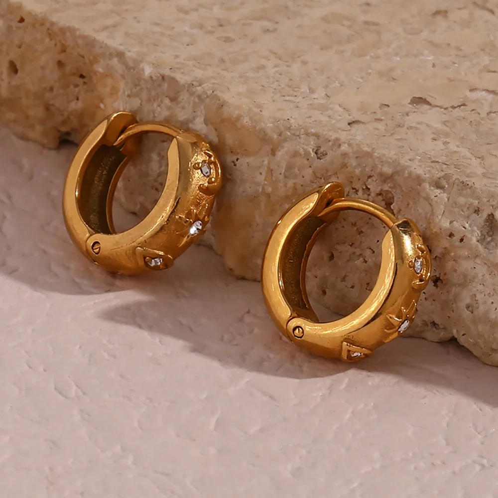 

Vintage Gold Plated Zircon North Star Sun Moon Shape Huggie Earring Tarnish Free Stainless Steel Huggie Hoop Earrings