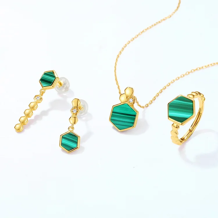 

Manufacturer Gold Plating Jewelry Design 925 Sterling Silver Natural Malachite Jewelry Set