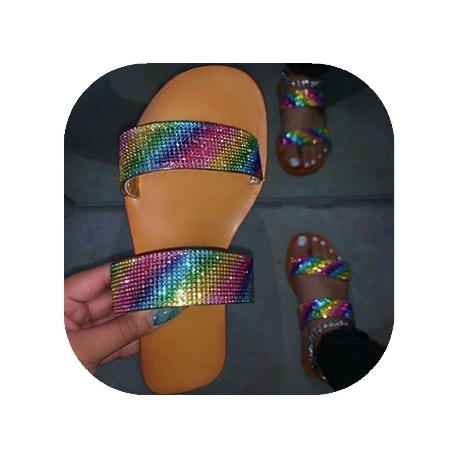 

2021 Summer Fashion best selling rainbow ladies sandals rhinestone slides flats jelly sandals for women, As picture