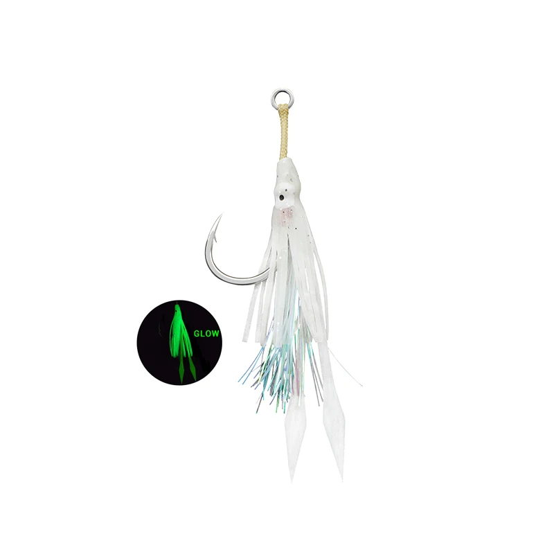 

JK PAOC Power Assist Hook 1/0 3/0 5/0 Glow Natural Squid Rubber and Kevla Line Fish Hooks Saltwater Lure Jig Fishing