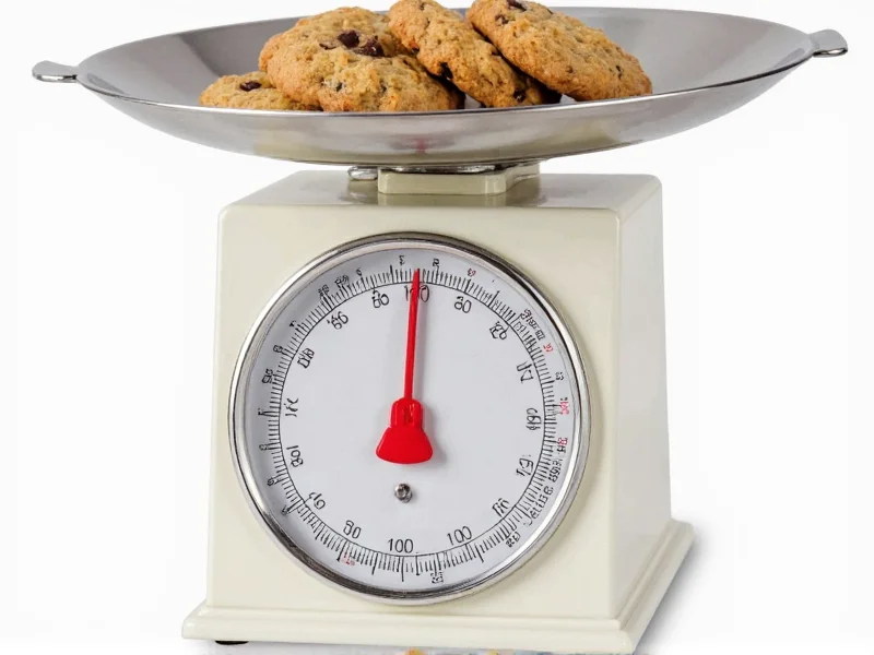 Kitchen scale measuring chocolate chip cookie weight