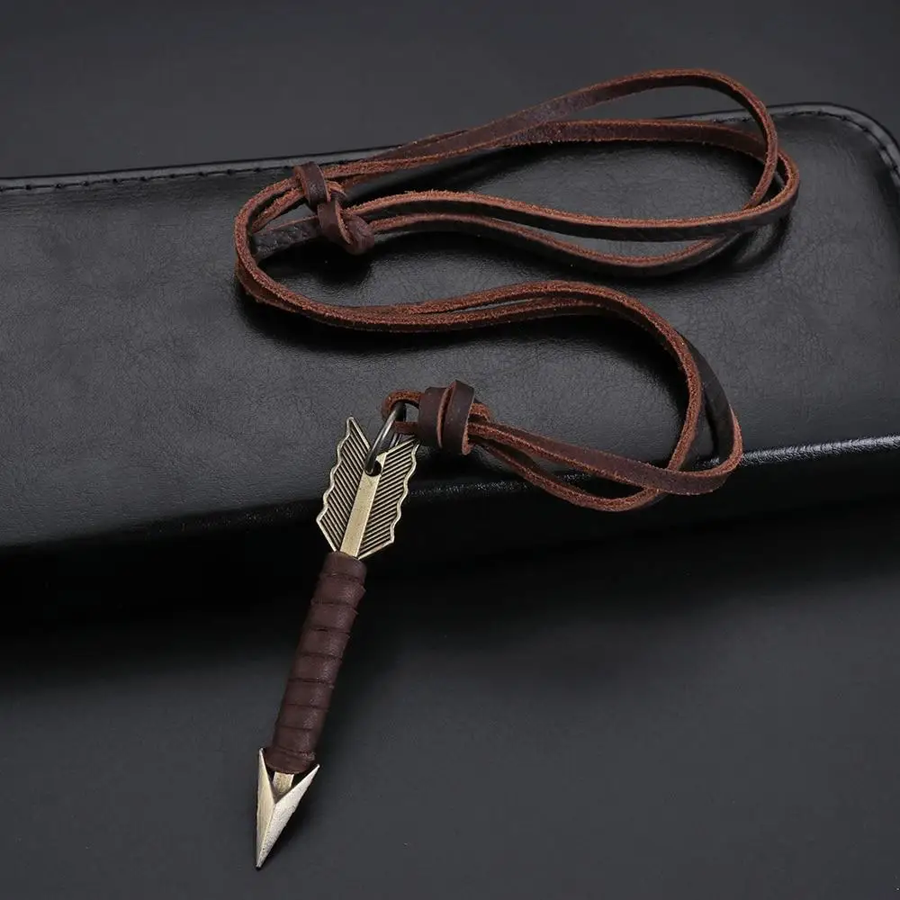 

Fashion Men Jewelry Full Grain Cow Leather Wrapped Alloy Pendant Arrow Necklace, Picture shows