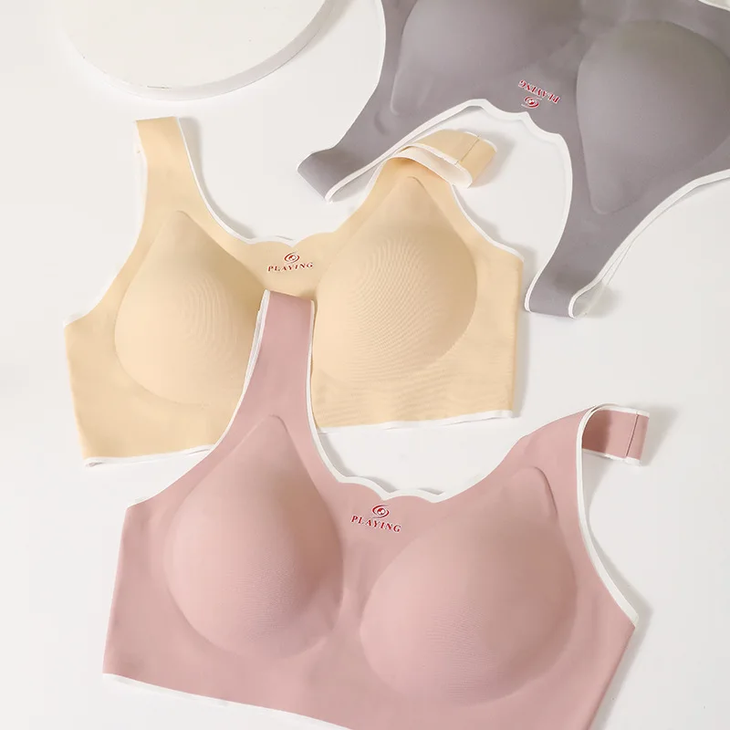 

BBR025 New Arrival Latex Underwear Women Traceless Steel Ring Gathered Up To Adjust Sports Bra Top Wholesale Lingerie, Pink, black, khaki, apricot, gray purple