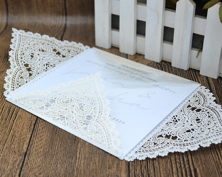 Elegant lace pocketfold wedding invitation card laser cut