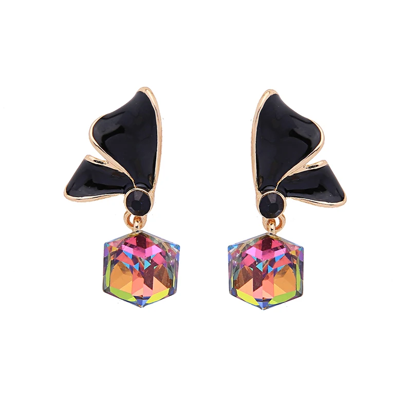 

ed02128d Black Enamel Bowknot Fashion Korean Cubic Glass Gemstone Rhinestone Drop Rainbow Square 3D Earrings Women Girls