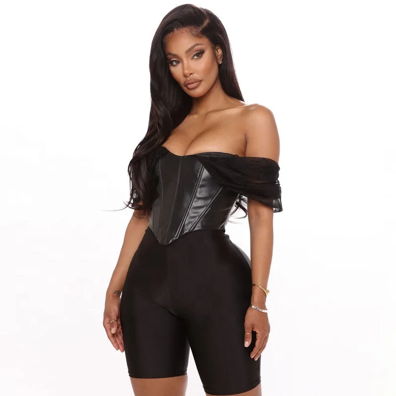 

Hot Selling Fashionable Sexy Solid Color Pu Leather Women Off Shoulder Blouse Tops, Customized color