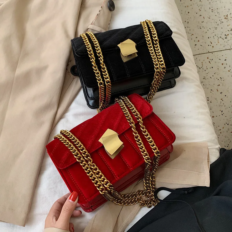 

2020 Fashion design luxury square shoulder handbags lock ladies chain messenger bags embroidery velvet purse, 4colors