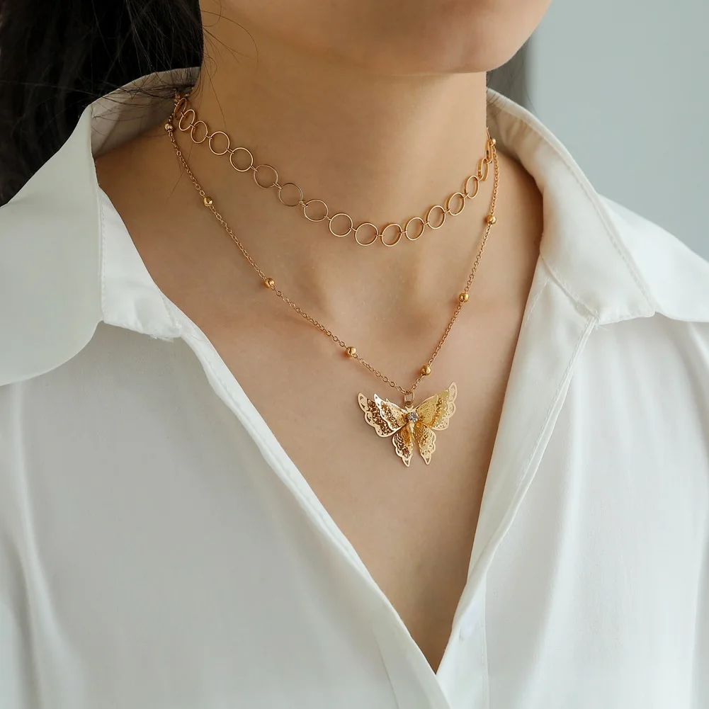 

Hot sale Round net Clavicle Necklace Three-dimensional Hollow multi-layer butterfly all-match pendant necklace