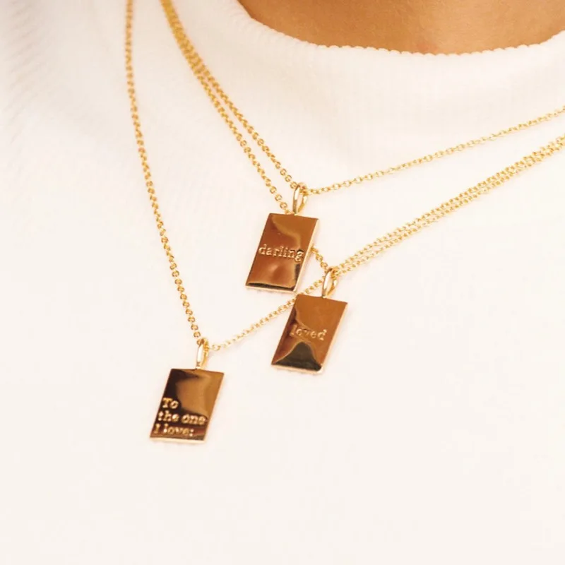 

2021 Trendy Personal Engraved Letter Message Square Pendant Necklace Beads Chain Stainless Steel Gold Necklace Jewelry Wholesale