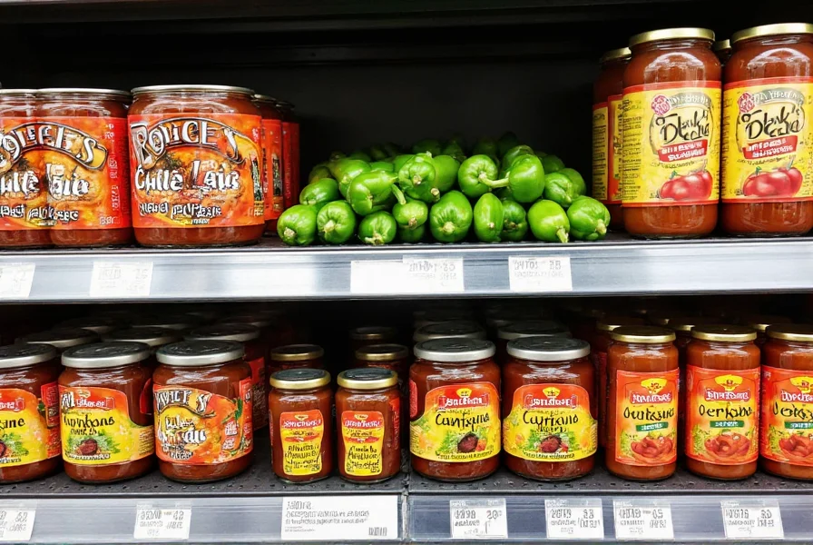 Comparison of Aldi chili products including canned chili, fresh jalapeños, and ancho chili sauce arranged on grocery store shelf