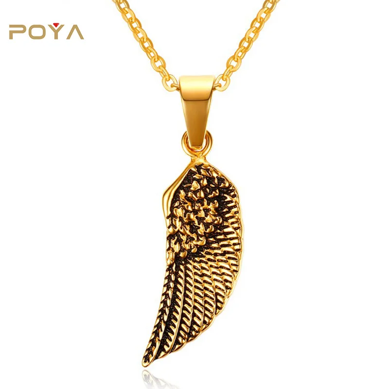 

POYA Single Angel Wing Pendant Choker Necklace Men Jewelry Vintage 34MM Gold Plated Pendants or Charms Gold Tone Stainless Steel