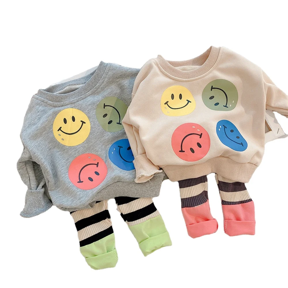 

2021 spring new cartoon casual suit baby long sleeve Smiley sweater + striped leggings babies' trousers suit, As or customize