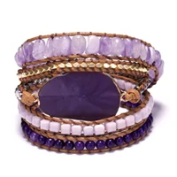 

Exquisit Boho Handmade Natural Stones Amethyst Charm Leather Wrap Women Bracelet