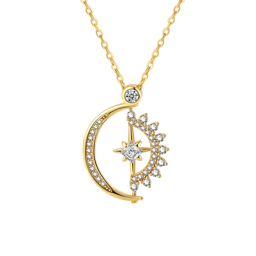 

Hot selling copper plated 18K gold zircon crystal turnbuckle female rotatable sun and moon pendant necklace For Women