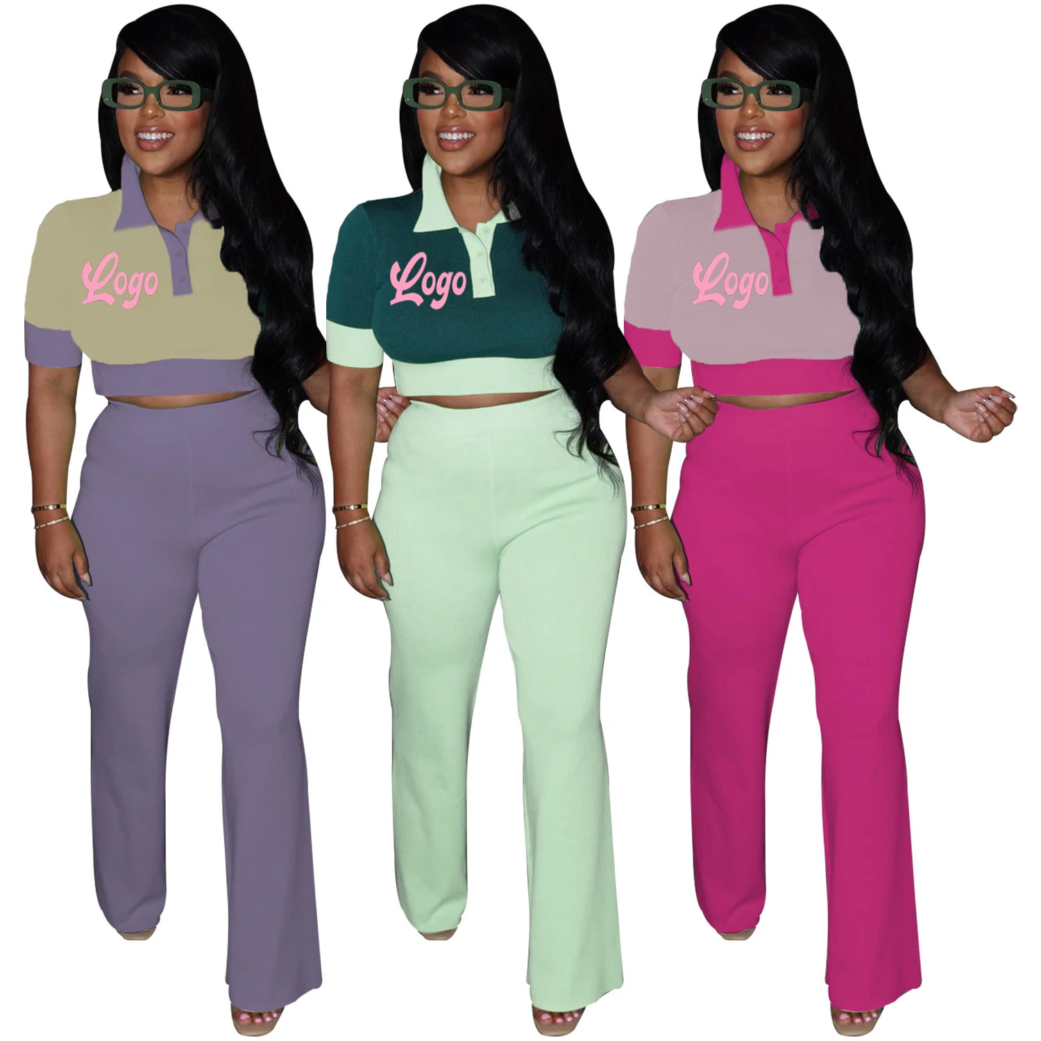 Patchwork Polo Collar Top Trousers Set