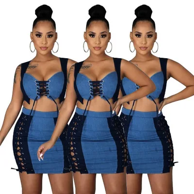 

F30256A in stock new design summer short sexy denim skirt set of two pieces for women, Customized color