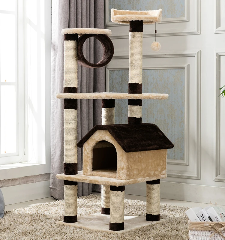 

Wholesale Wooden Scratcher Furniture Luxurious Pet Condo Cat Tree House Tower, Brown or customized color